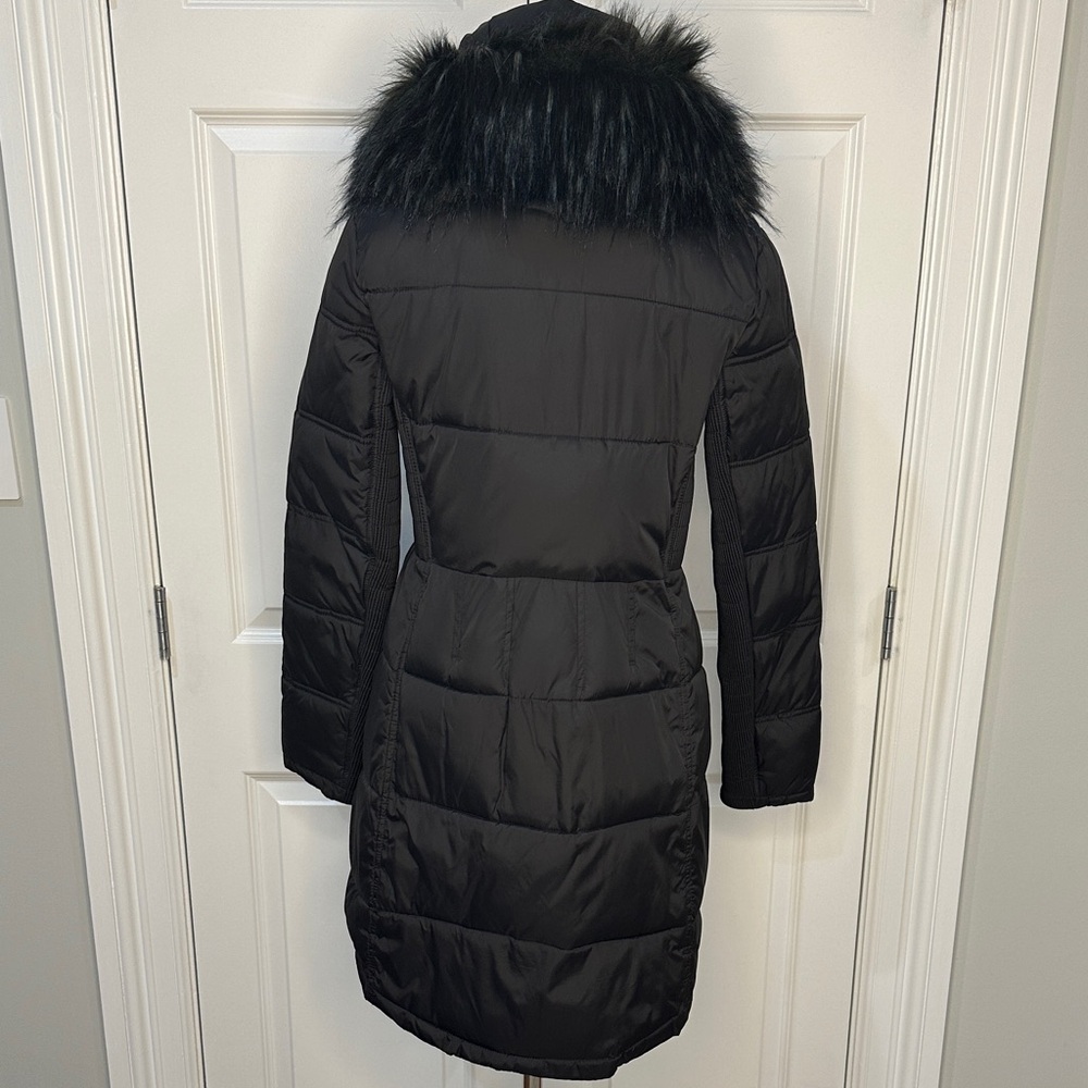French Connection Black Asymmetric Puffer Faux Fur Trim Quilted Warm Coat Size M - Picture 9 of 16